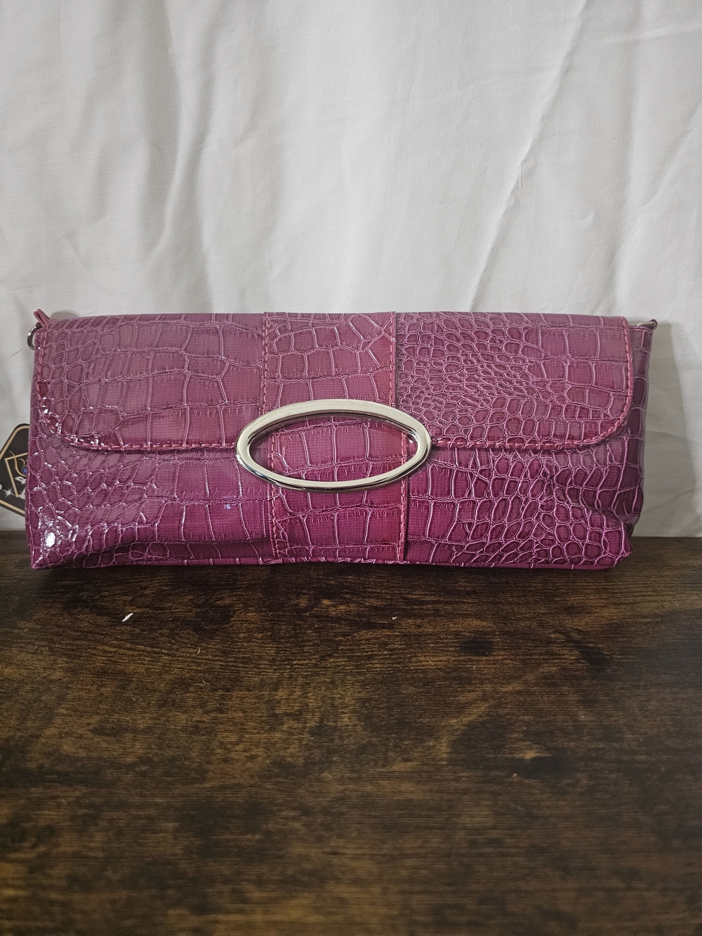 Pink Croc-Embossed Clutch with Silver Oval Accent